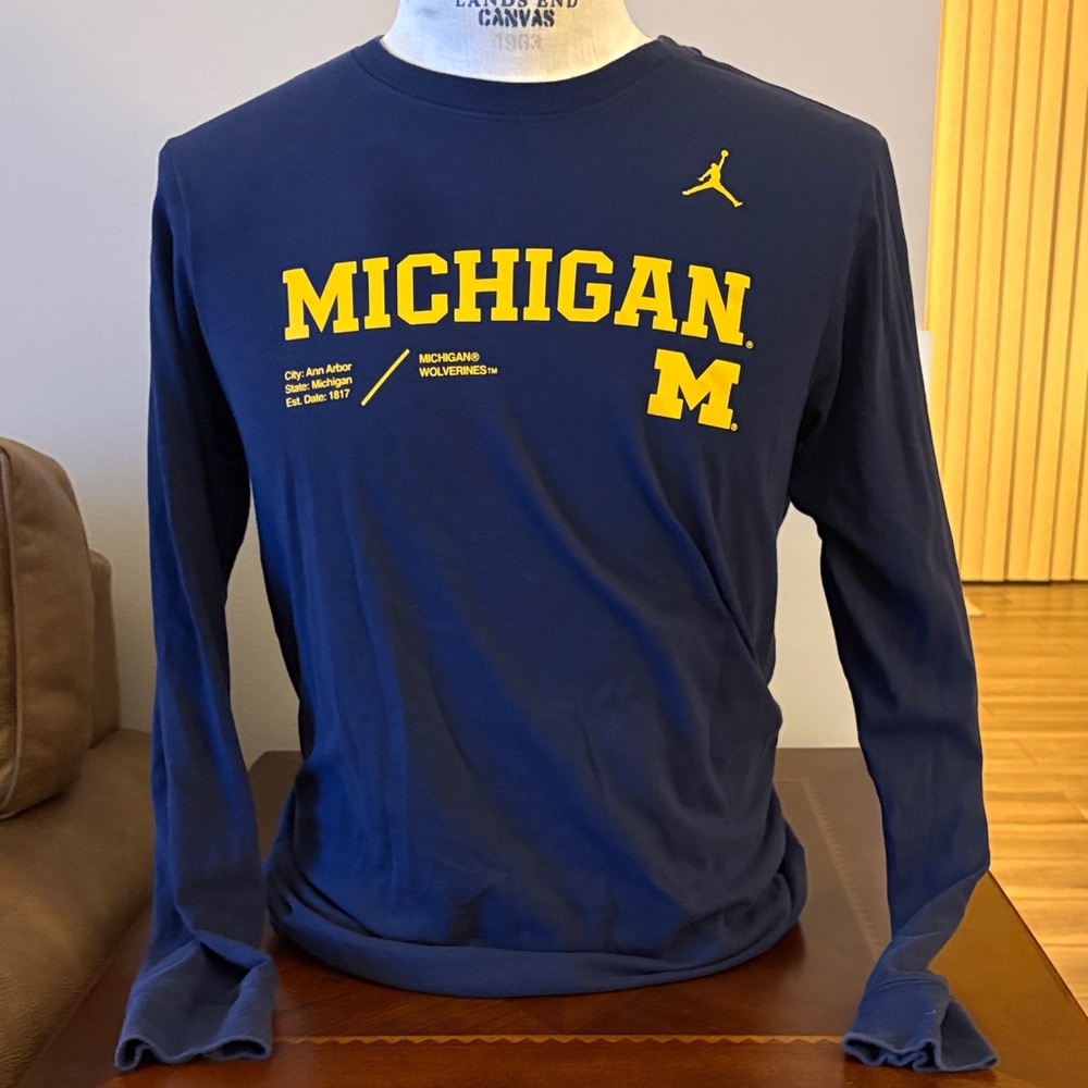 Nike Dri-Fit Jordan Men's Navy and Yellow Michigan Long Sleeve Tee